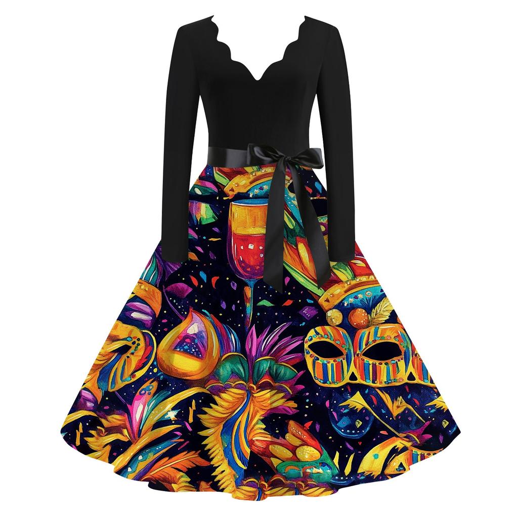 Damen Casual Fashion V-Ausschnitt Langarm Karneval Print Vintage Kleid