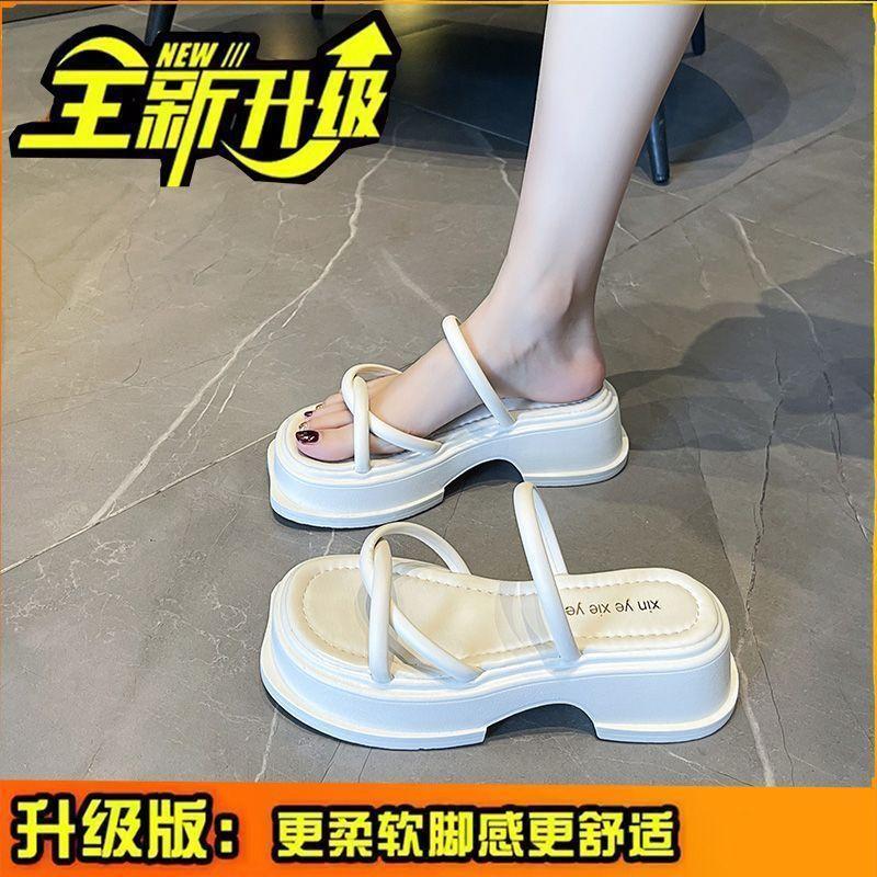 2025 Summer New Square Head Slippers Women Wear Stepping On Shit Beach Shoes Versatile Internet Celebrity Cool Slippers Thick Sole