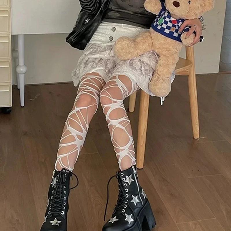 Móda Punk Roztrhané Punčocháče s Dírkami Nue Sexy Lolita Gotické Punčochy s Pavučinou Dámské Y2k Černé Síťované Měkké Punčocháče Vysoké Punčochové zboží