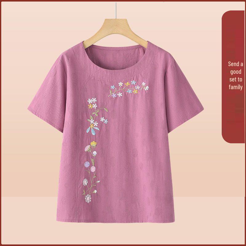 Summer Embroidered Two-Piece Home Set for Mature Women - Thin Cotton & Linen