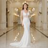 Elegant White Mermaid Wedding Dress | Lace Pearl Backless V-Neck Sleeveless Bridal Gown | Formal Evening Dress for Bride