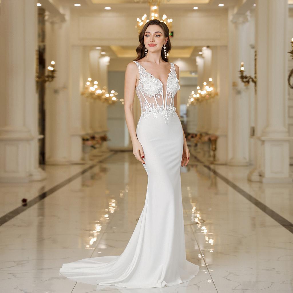 Elegant White Mermaid Wedding Dress | Lace Pearl Backless V-Neck Sleeveless Bridal Gown | Formal Evening Dress for Bride