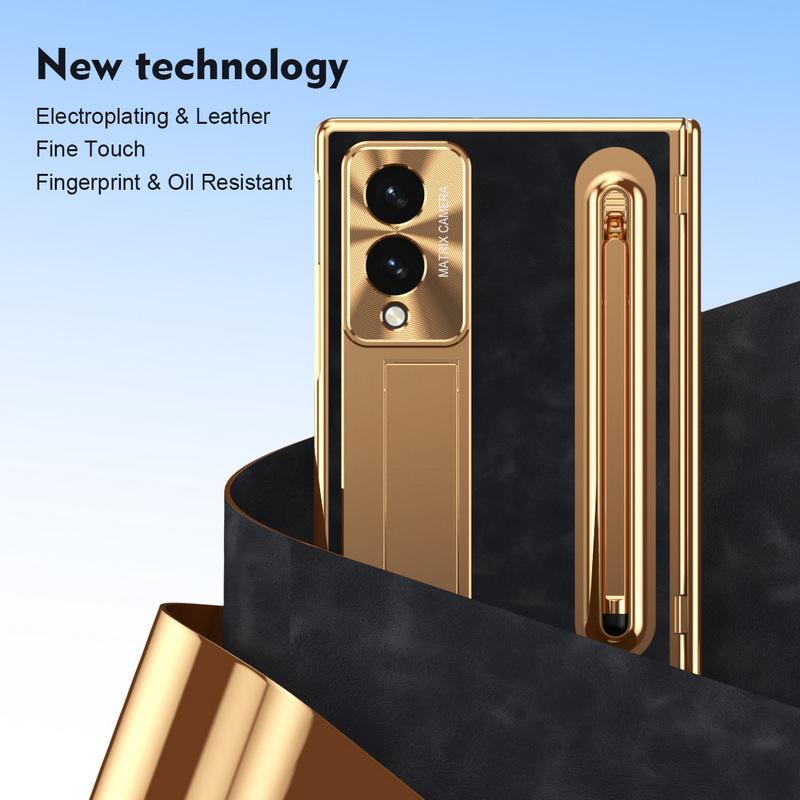 Plating Leather Phone Case For Samsung Galaxy Z Fold 8 Wide 7 6 5 4 TriFold Luxury Hidden Bracket Cover with Pen Slot & S Pen Screen Protector Film