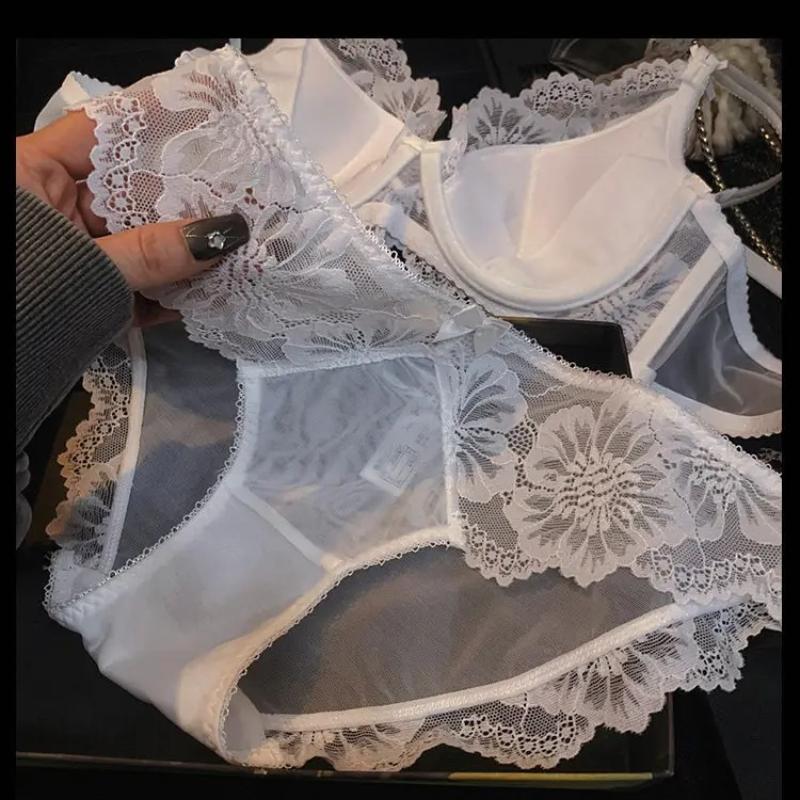 Ladies Summer Violet Lingerie French Thin Cup Push Up Bra Set Sexy Lace Flowers Embroidery Women Underwear Bra Briefs Set