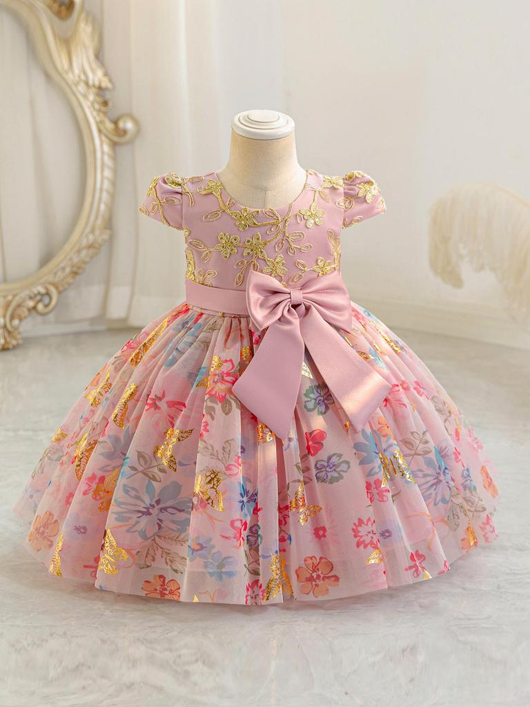 Girls' Puff Tulle Princess Dress with Bowknot for Birthdays & Events