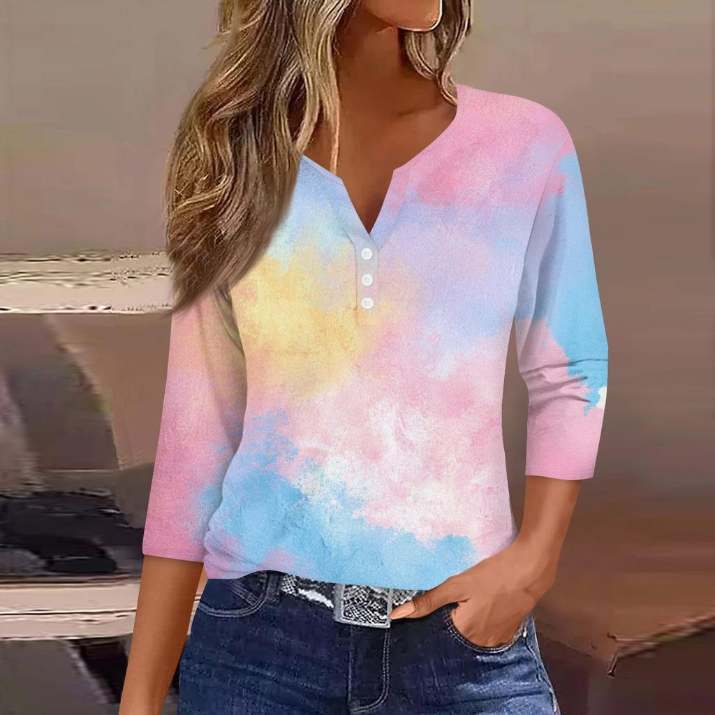 Women's T Shirt Tee Print Button 3/4 Sleeve Daily Weekend Fashion Basic V- Neck Regular Top