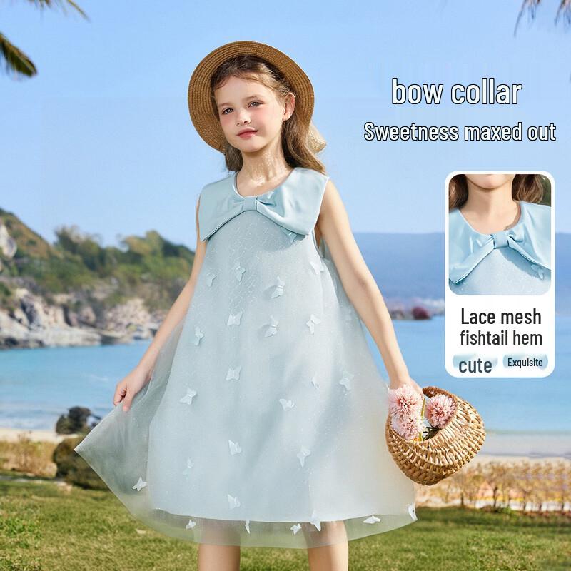 ASK JUNIOR Girls  Summer Sleeveless Bow Collar Princess Dress 160