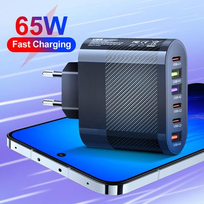 Carregador USB Total 65W 6 Portas Quick Charge 3.0 PD Tipo C Carregador de Parede Adaptador Carregador de Telefone Multi Porta Para iPhone Xiaomi Samsung