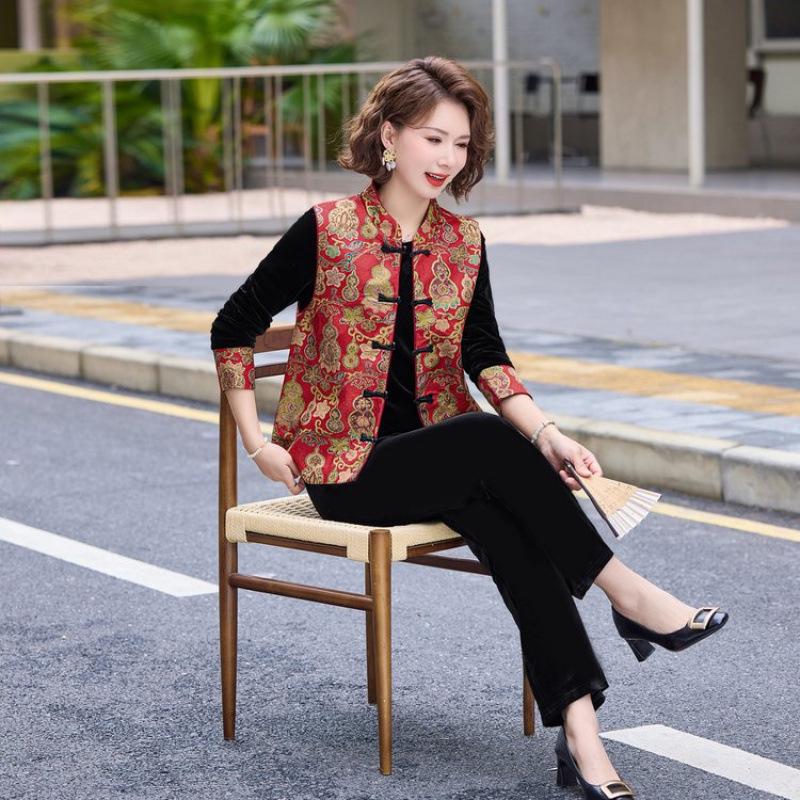 Spring Chinese Style Versatile Casual Vest Top & Frog Button Vest 3-Piece Set for Middle-aged and Elderly Moms