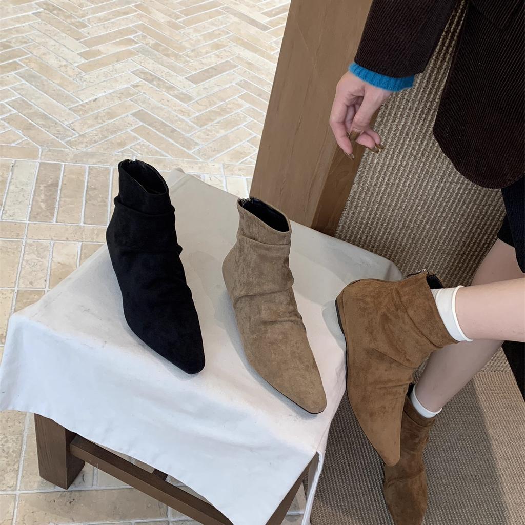 Thick heel pointed head suede brown thin boots short boots women's boots 2025 new spring and autumn single boots French small ankle boots