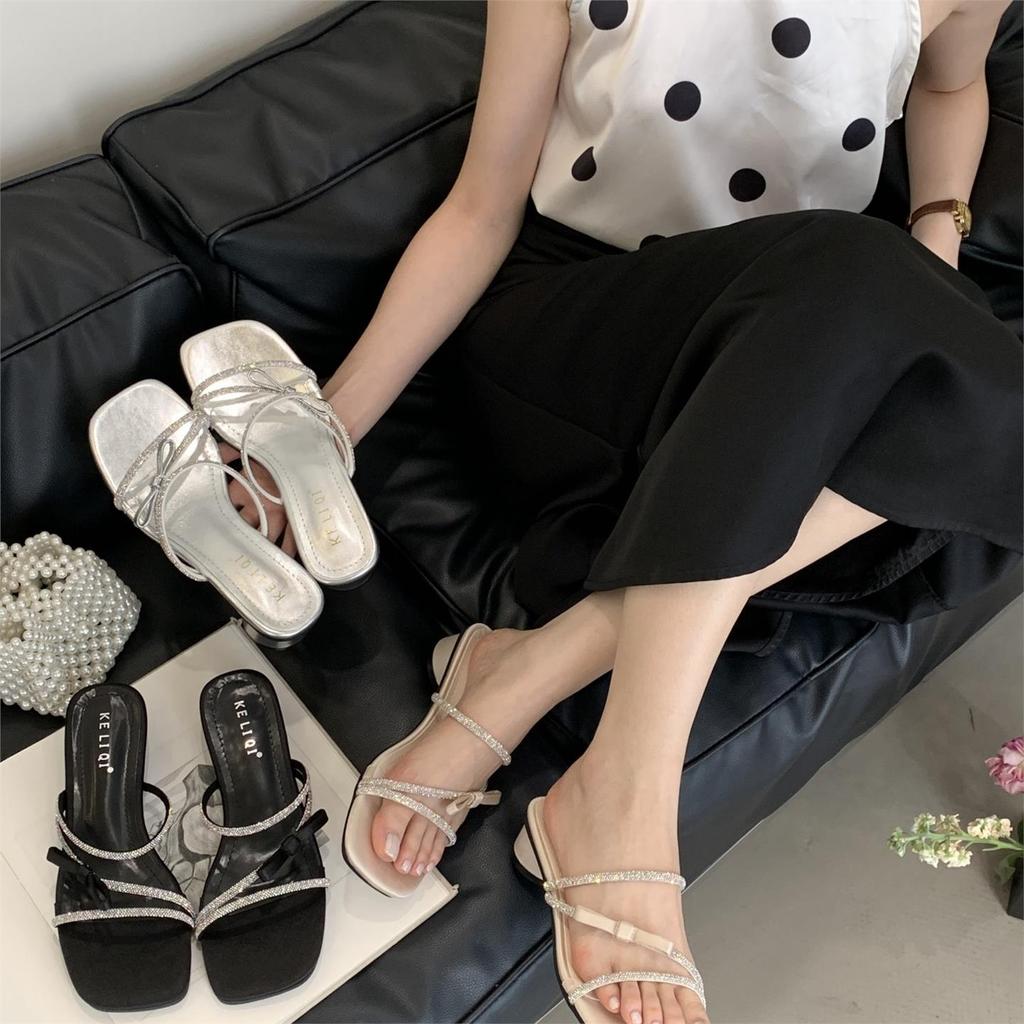 Fashion Slippers Women Summer Shoes Slides Jelly Flip Flops Fashion Square Heel Glitter Luxury Block Scandals Crystal Glitter Slides Sho