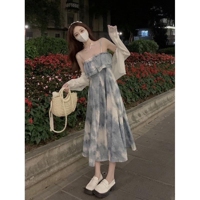 Korean Version of High-end Lazy Vacation Style High-waisted Dress for Women's Summer Design, Slim and Thin A-shaped Medium and Long Dress