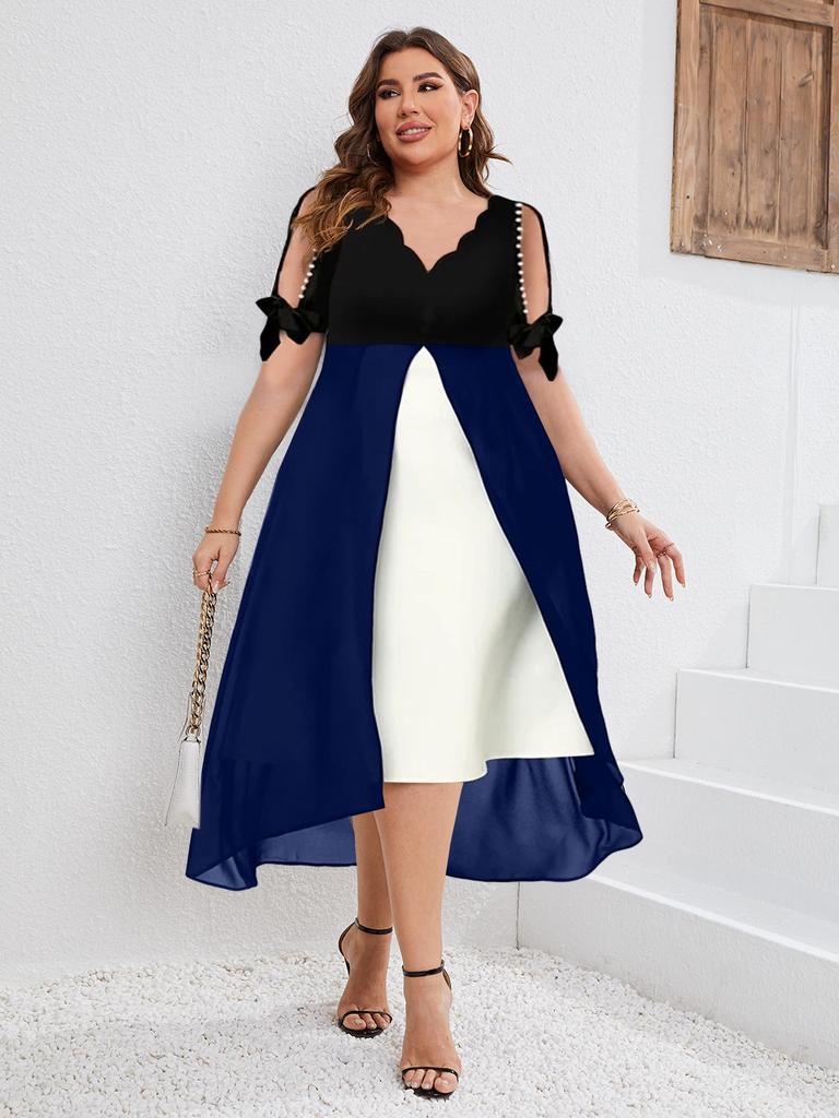 2025 Spring/Summer Women's Plus Size V-Neck Patchwork Short Sleeve Two-Piece Irregular Dress