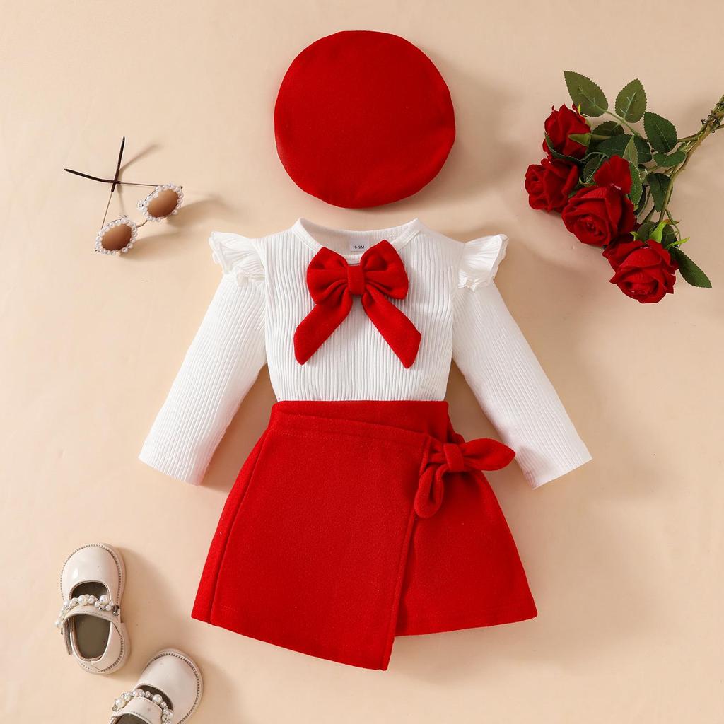 3-teiliges Baby-Mädchen-Kleidungsset für das neue Jahr, 0–3 Jahre, langärmelig, großes Oberteil mit Schleife, unregelmäßiger Rock und Baskenmütze, Kleinkind-Weihnachtskleidung