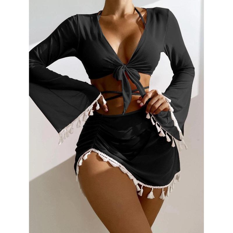 Swimsuit Women's Split Three Four Piece Set Solid Color Tassel Lace Up Long Sleeve Bikini Suits