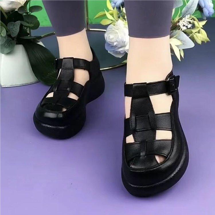 

Летние женские сандалии 2025 модная расцветка подошва-маффин толстая подошва для улицы легкие с круглым носком на плоской подошве римские сандалии тренд 35 чёрный