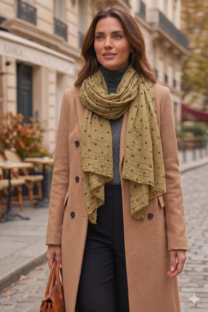 Mustard Scarf with Chocolate Dots - 180x90 , Cotton with Polyester