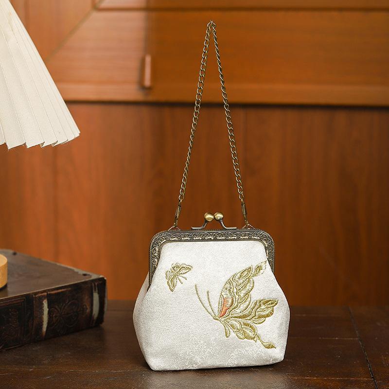 Embroidery Clip Lock Women's Coin Purse Retro Bifold Kiss Lock Small Wallet Simple Chains Lipstick Portable Pocket Clutch Bags