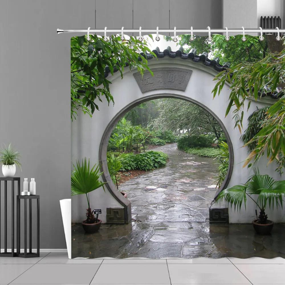 

Chinese Style Garden Landscape Shower Curtain Sets Flower Plant Pine Tree Green Leaves Pattern Bathroom Decor Polyester Curtains W90XH180cm