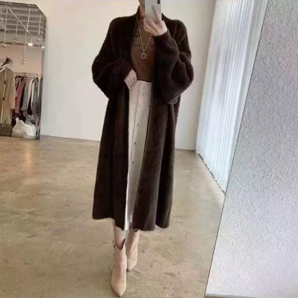 Faux Mink White Knit Cardigan Coat Women Autumn Winter Loose Fluffy Long Oversized Fuzzy Plush Sweater Jacket