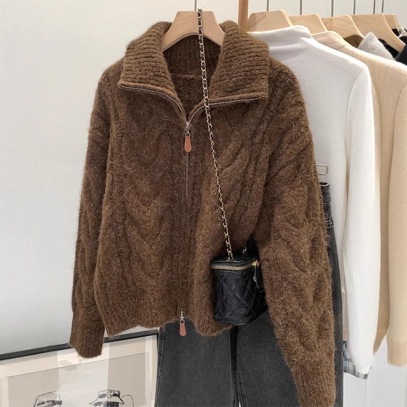 Maillard short turtleneck zipper sweater cardigan women's autumn and winter new loose soft waxy twist knitted jacket