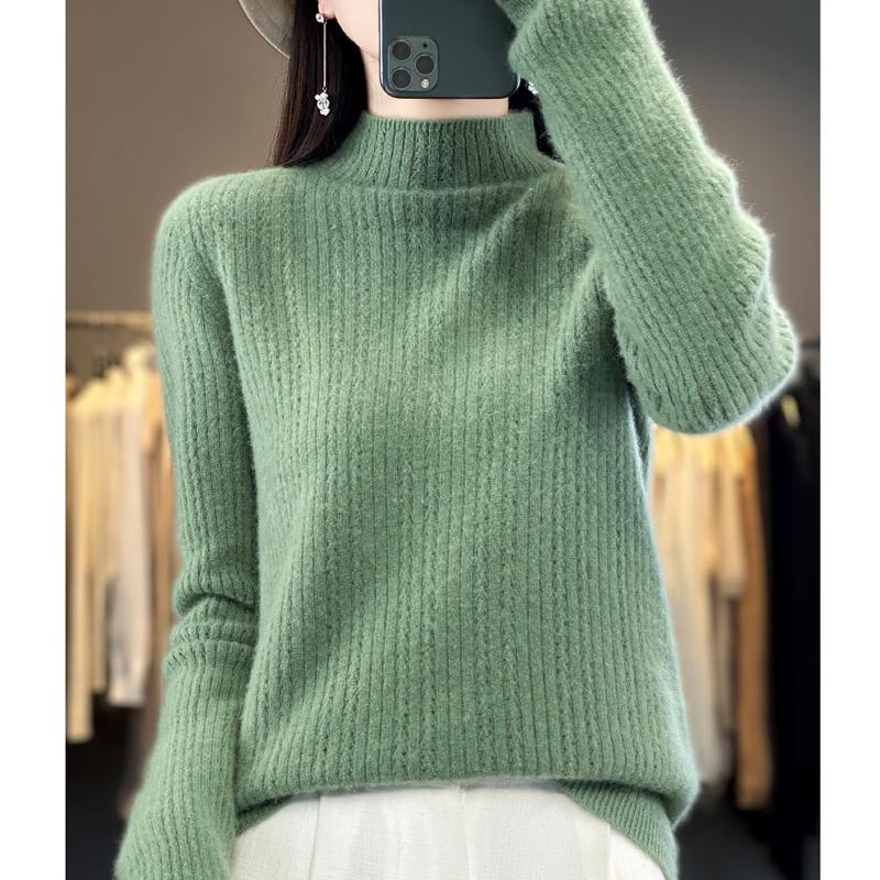Damski sweter z półgolfem, kaszmir Qinghe, 30% kaszmiru, 70% wełny, zimowy sweter dzianinowy, jesienny sweter kaszmirowy