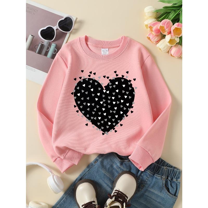 Girls Soft Crewneck SweatshirtBlack Heart Pattern with Small Hearts with Cute Creative Print, Casual All-Match for Fall Winter, Ideal Holiday Present