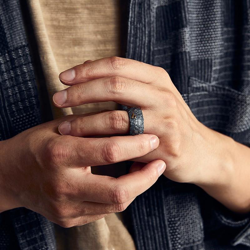 Adjustable Vintage Mens Finger Ring With Distressed Texture Geometric Design Handmade Brass Statement Index Or Middle