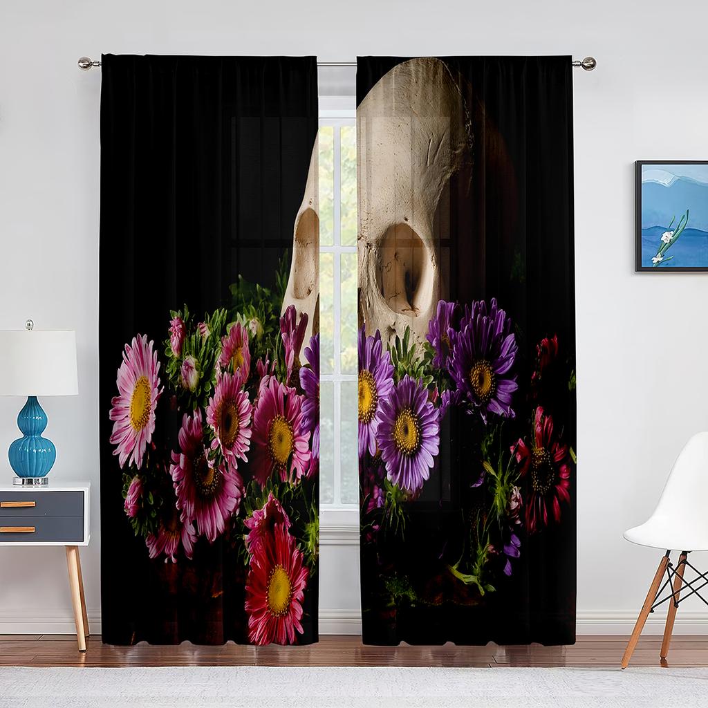 Czaszka Kwiatowy Szkielet Kolorowe Kwiaty Przezroczysta Woalowa Zasłona do Salonu Sypialni Draperia Okienna Kuchenna Szyfonowa Tiulowa Zasłona