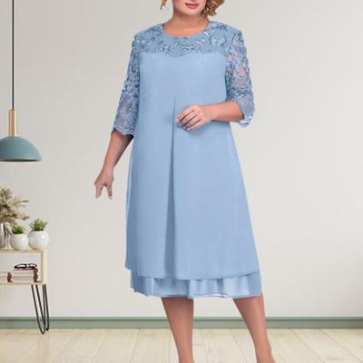 Formal Dress Elegent Beauty Lady Dress Embroidery Plus Size Midi Dress Loose Round Neck Floral Net Yarn