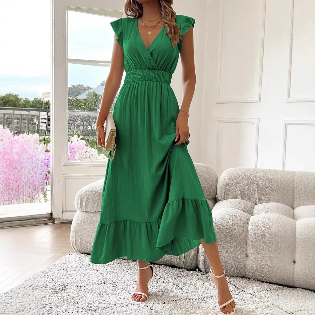 Elegant Solid Office Dress For Women Fashion Ruffles Short Sleeve V Neck High Waist Loose Dresses Robe Femme Summer Clothes