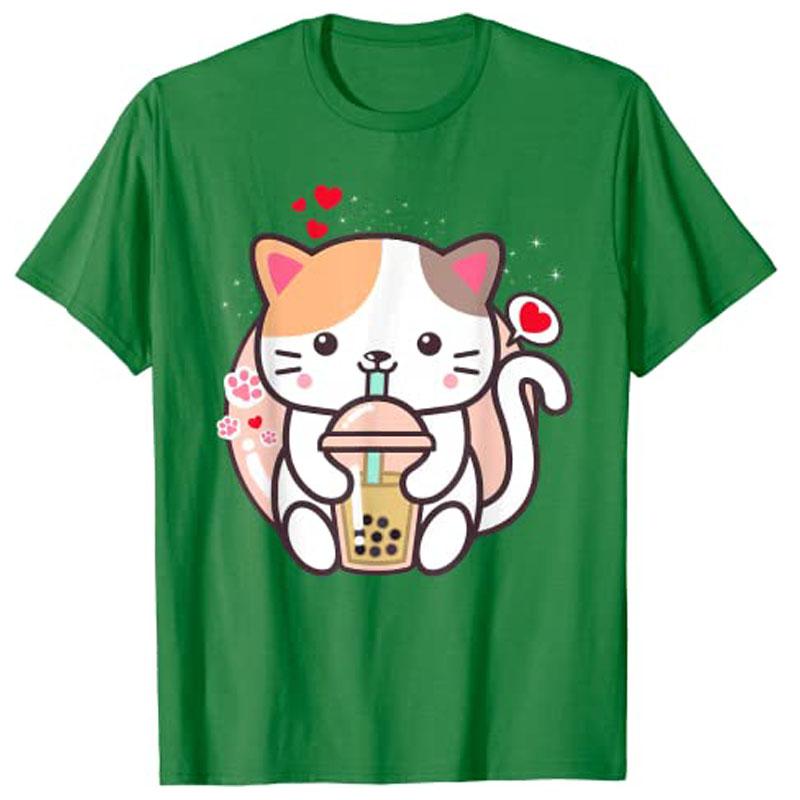 Cat Boba Tea BubbleTea Kawaii Anime Japanese Neko Girl Teen TShirt Y2k Cute Cartoon Unisexga Graphic Clothes Novelty Personality