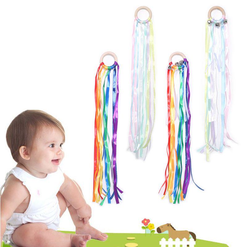 Rainbow Natural Wooden Ribbon Newborn Sensory Bell Toy Shower Gifts Dancing Prop