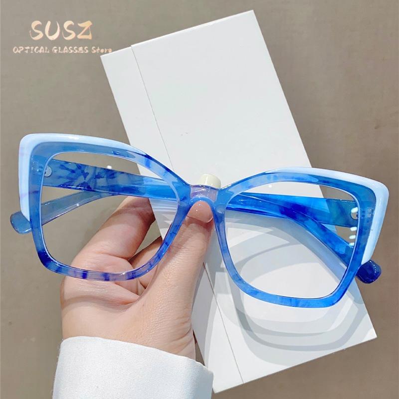 SUSZ Reading Glasses Rectangle Cat Eye Oversize Frame Prescription Optical Glasses Blue Light Blocking Myopia Glasses