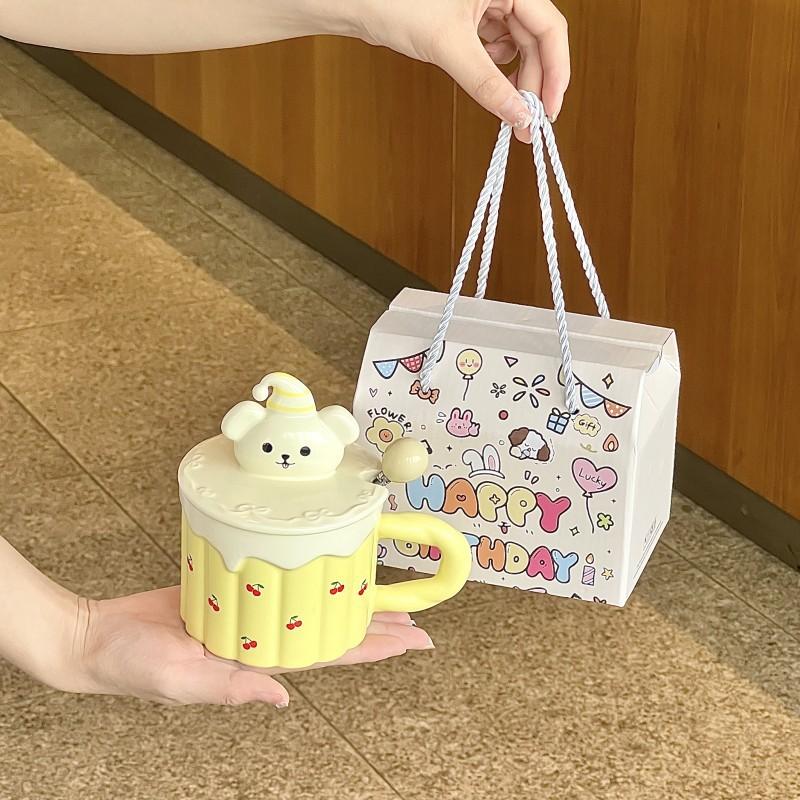 Cute cartoon yellow bear ceramic mug with lid spoon large capacity drinking cup birthday gift practical for girls
