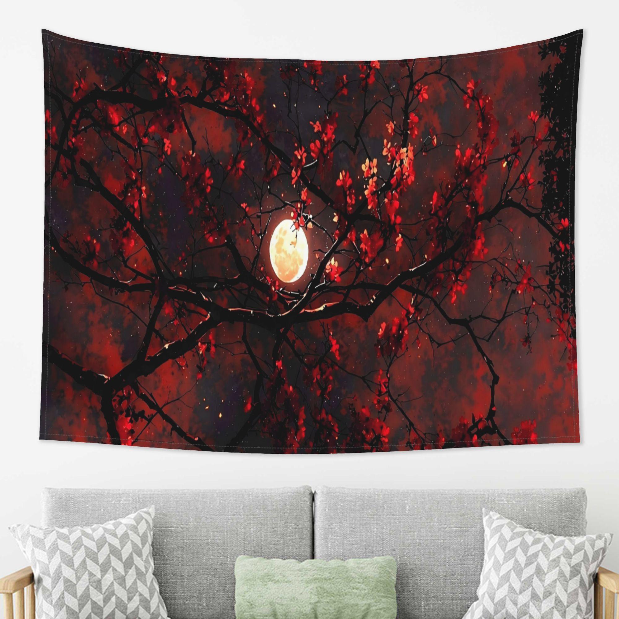 

Mystical Red Blossom Tree Tapestry Full MoonStarry Sky Intricate Branches for Enchanting and Atmospheric Home Decor Wall Art 74x94cm(29x37in)