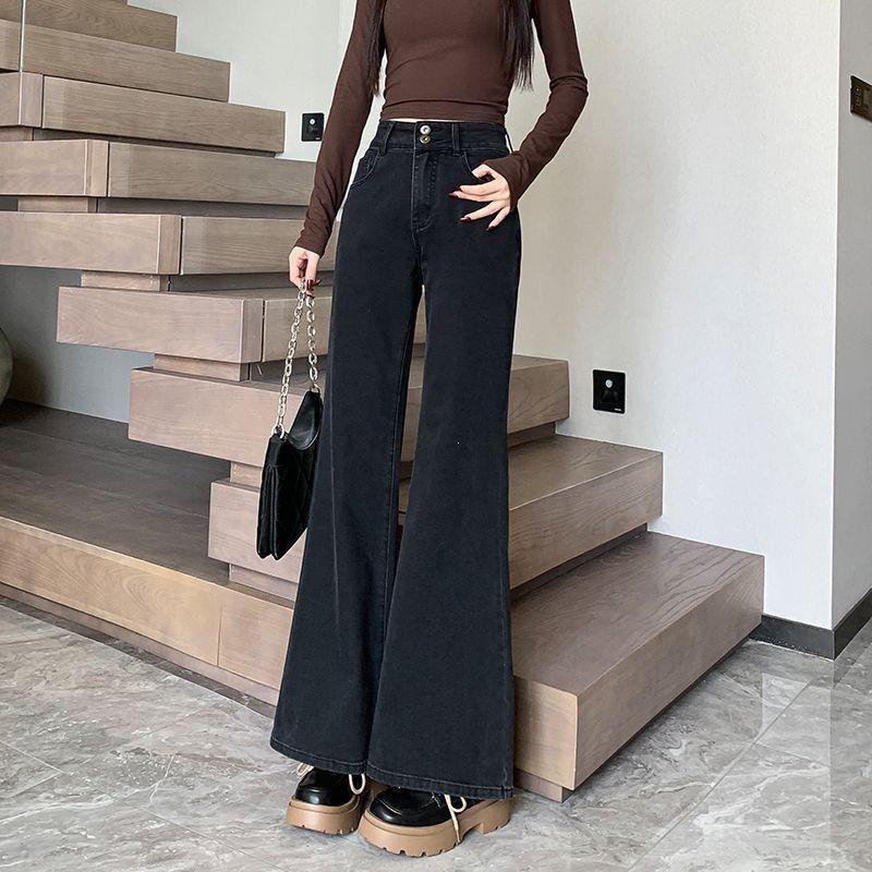 Autumn and Winter Velvet Thickened Micro-pull Jeans Women's New High-waisted High-flared Pants