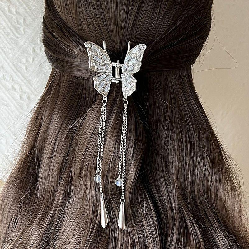 Shiny Rhinestones Butterfly Hair Claw Clips For Women Girl Vintage Long Chain Tassel Claw Clip New Chinese Style Accessories