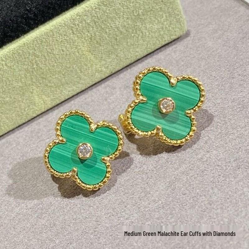 High-Version 18K Rose Gold Earrings: Four-Leaf Clover with White Mother-of-Pearl & Red Agate - Fashionable, Luxurious, INS Style.