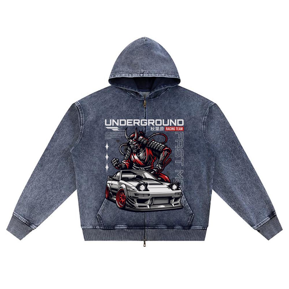 DTG print Knitted Denim Zip-Up Hoodie Underground Brother Print Zipper Hoodies  