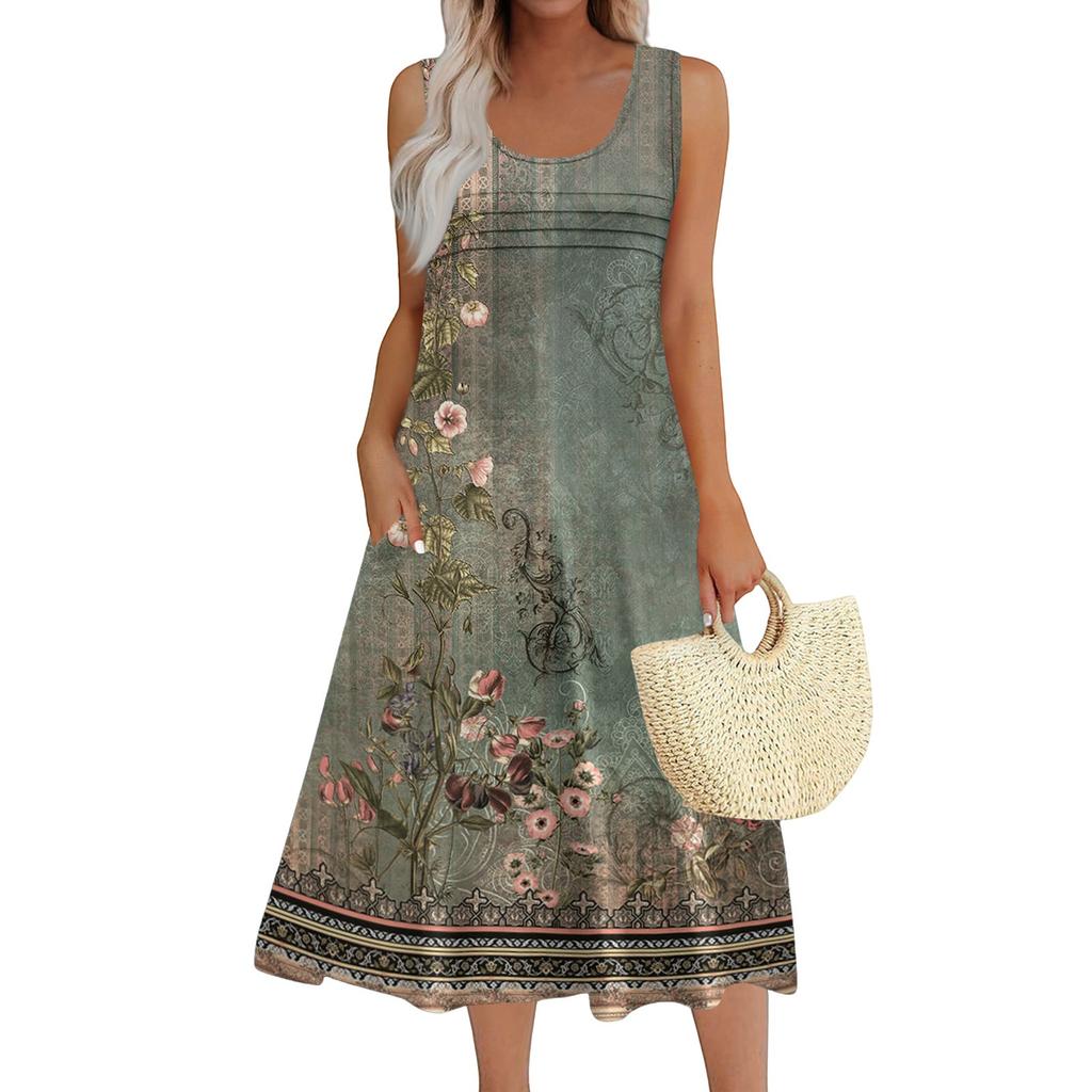 Women's Fashion Round Neck Sleeveless Pleated Beach Dress With Pockets Long Floral Dresses