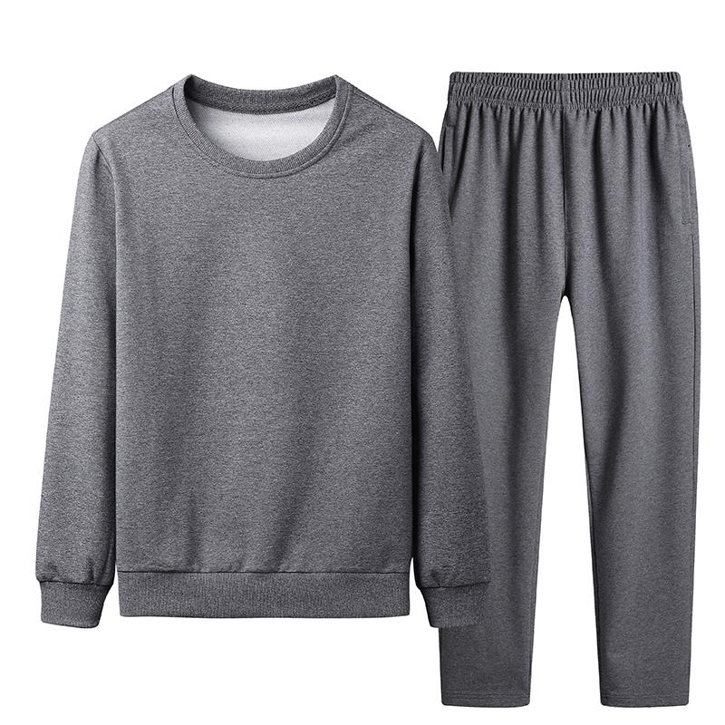 Traje grande de algodón para hombre, ropa deportiva de dos piezas de Color sólido, ropa informal pública, suéter de cuello redondo, pantalones