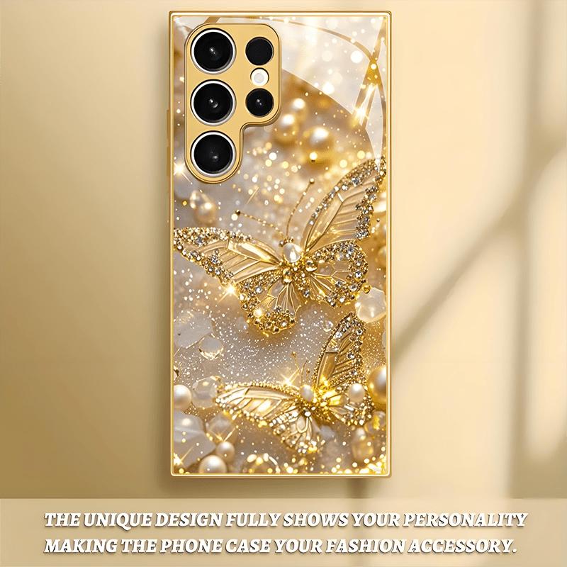 Golden Butterfly Pearl Patterned Glass Phone Case Suitable for Samsung GalaxyS26 S25 S24 S23 S22 S21 S20 FE/Ultra/Plus Anti Drop
