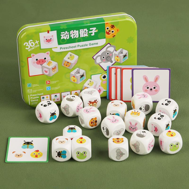 Wooden Animal Dice Card Pairing Toy For Kids Education Focus Training Board Game