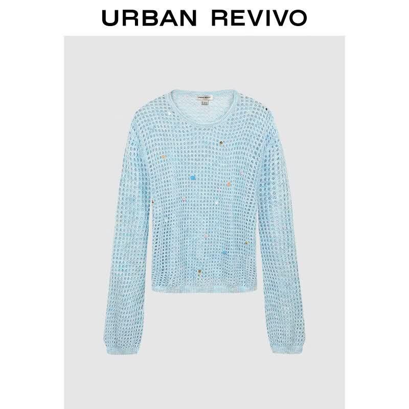 UR2026 Women s Beaded Hollow Knit Cardigan XS светло-синий