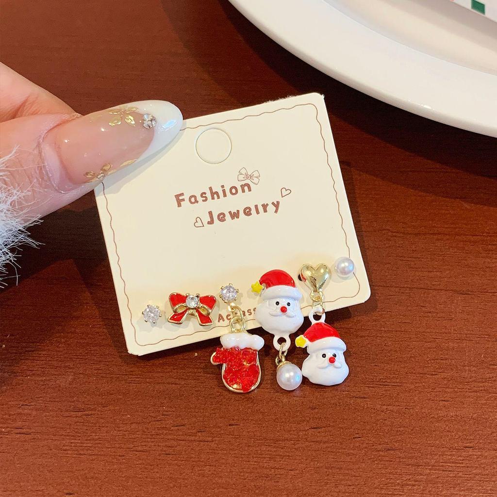 Boucles d'oreilles Stud Festives d'Hiver Dessin Animé Père Noël & Bonhomme de Neige avec Nœud pour Femmes - Bijoux de Fête à Aiguille Argentée