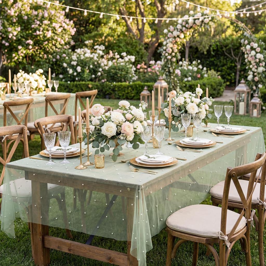 Light Green Table Runner Fabric Tulle Lace Tablecloth Rectangular Table Cover Bridal Veil for Christmas Wedding Birthday Party