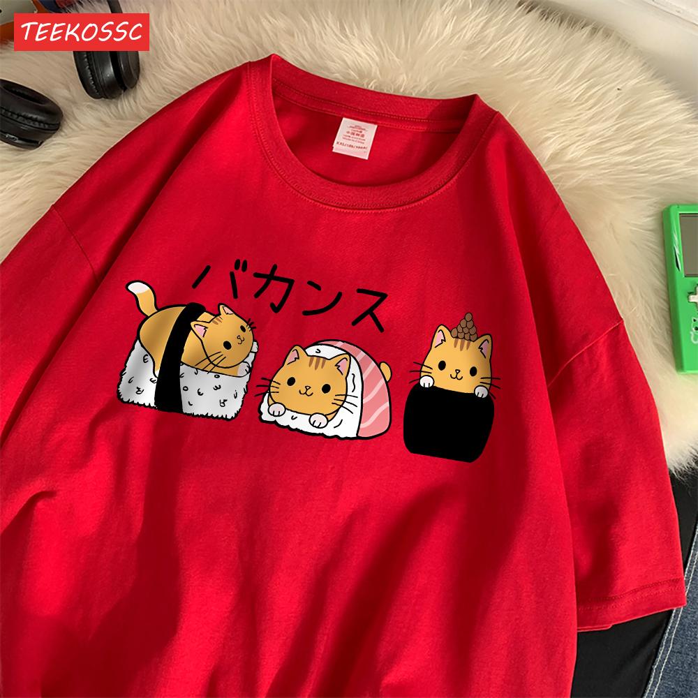 Fashion Women T-Shirts Japanese Cute Cat Sushi Printing Short Sleeve Oversize O-Neck Soft Summer Casual Female Clothes