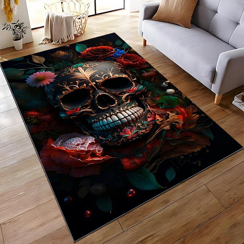 Colorful Skull and Floral Pattern Carpet, Dark Gothic Decorative Rug Suitable for use as an anti-slip for living room bedroom sofas