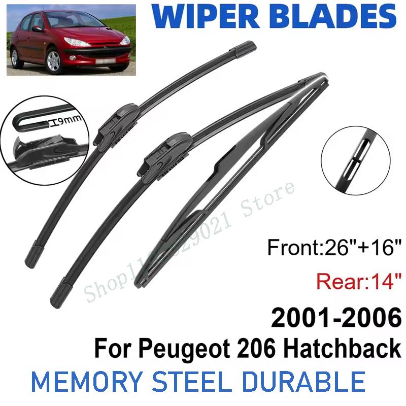 3PCS For Peugeot 206 Hatchback 2001-2006 26" + 16"+ 14" Front Rear Wiper Blades Windshield Windscreen Window Cutter